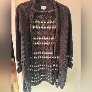 Cotton, long, sift open , boho knit, black cardigan, size extra small